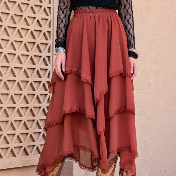 Boho Asymmetrical Hem Layer midi Skirt - Picture 5 of 5